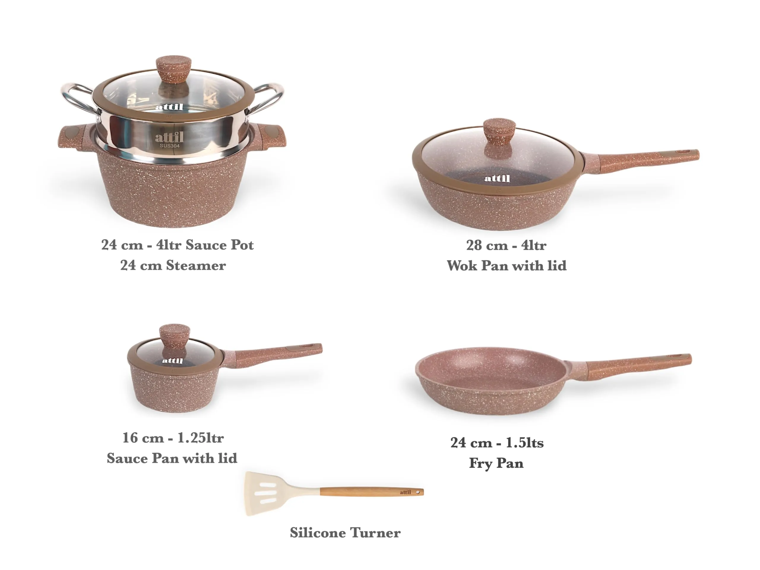 ATTIL - Non Stick 9 Pcs Cookware Set - Induction Cookware Set of 4 (Frying Pan 24cm, Wok Pan 28cm, Handi & Steamer 24cm and Sauce Pan 16cm) - Non Stick Cooking Set - Granite Brown