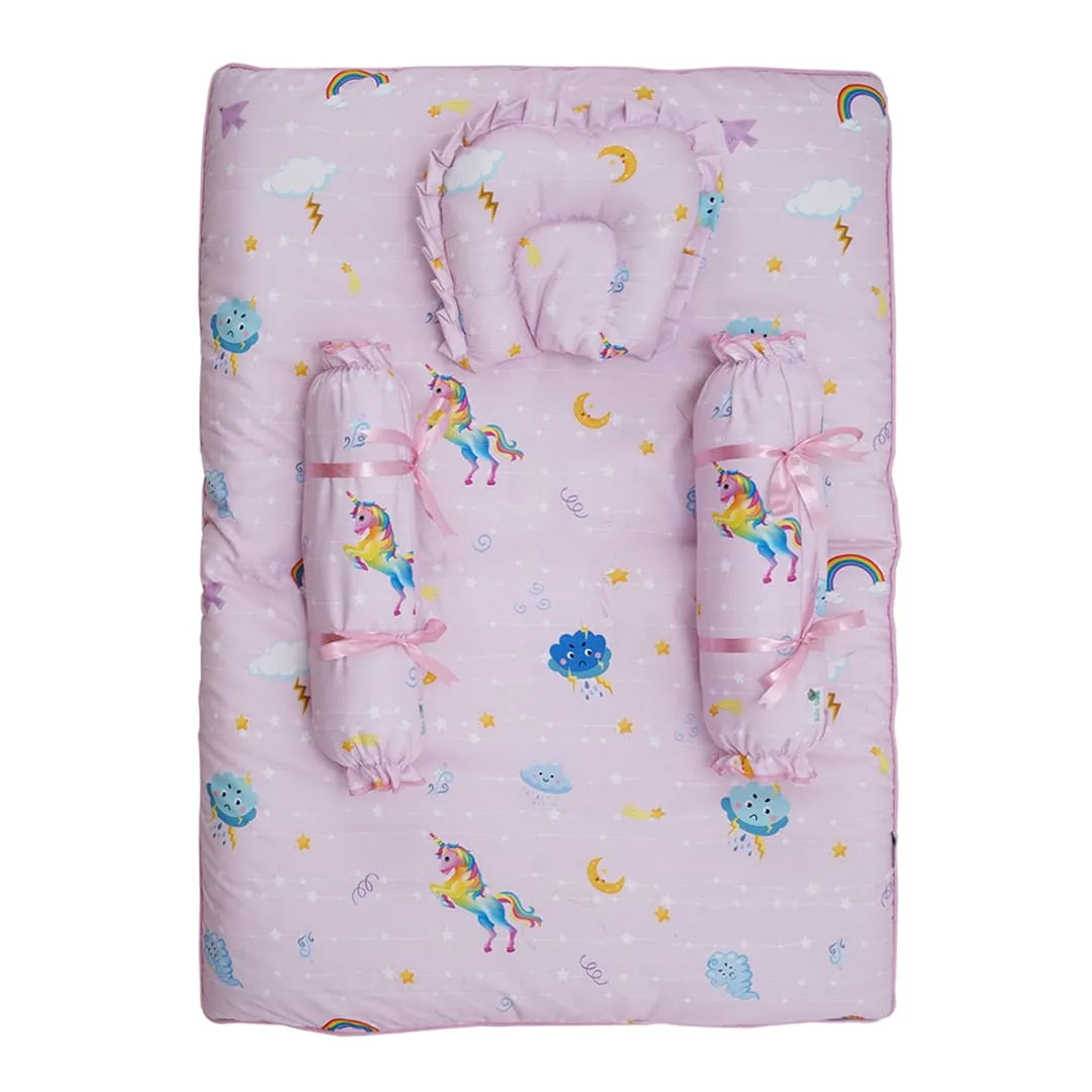 Baby Moo Unicorn Bedding Gift Set 2 Bolsters, U Pillow, Mattress And Quilt Set - Pink