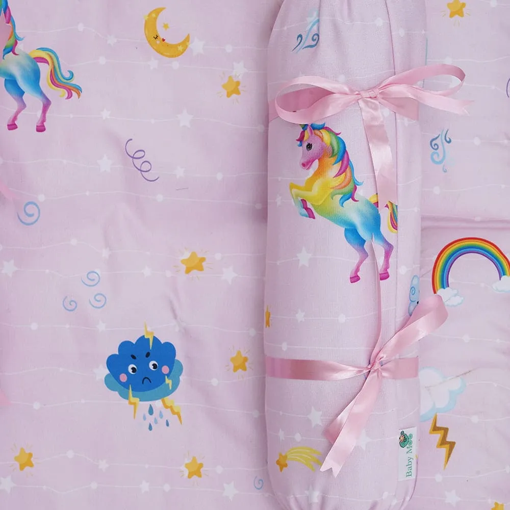 Baby Moo Unicorn Bedding Gift Set 2 Bolsters, U Pillow, Mattress And Quilt Set - Pink