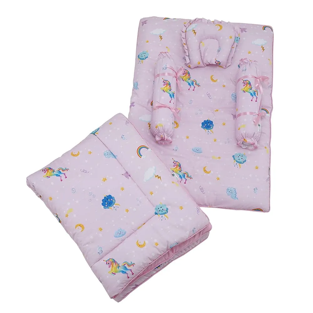 Baby Moo Unicorn Bedding Gift Set 2 Bolsters, U Pillow, Mattress And Quilt Set - Pink