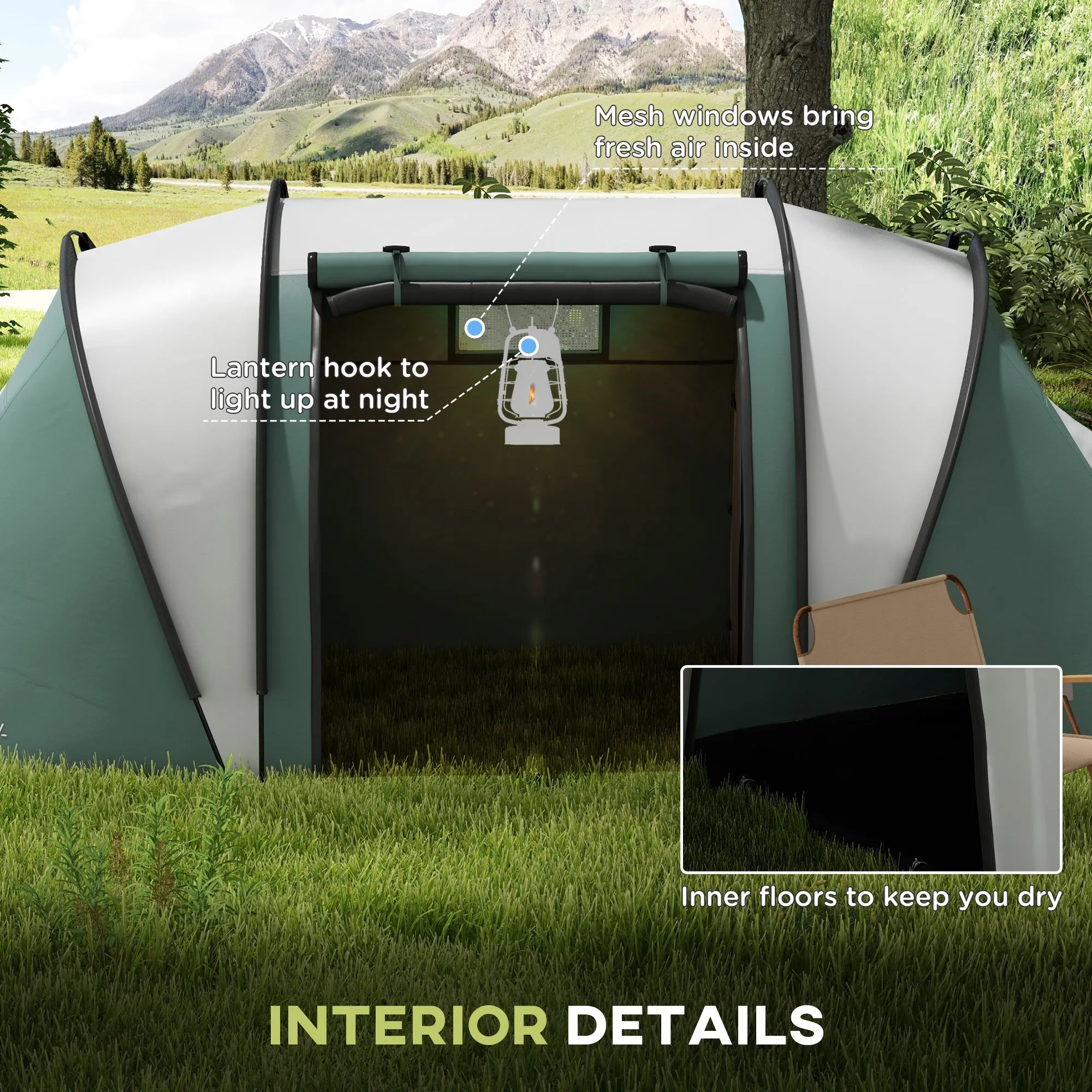 Camping Tent with 2 Bedrooms and Living Area, 3000mm Waterproof Family Tent, for Fishing Hiking Festival, Green