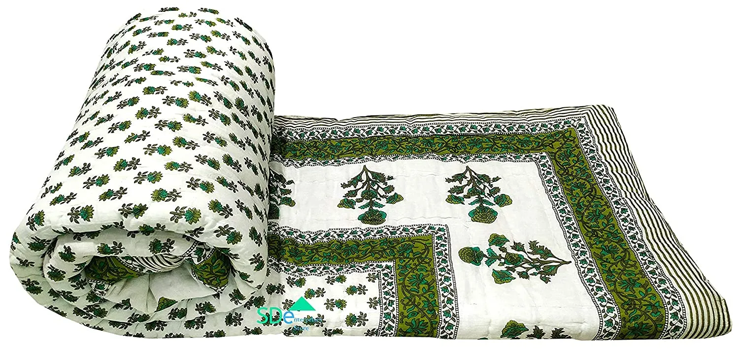 Chhaarodiya Rajasthani Traditional Cotton razai/rajai/ac Blanket with sanganeri Green booti Print Double Bed Jaipuri Quilt Blanket with Boarded Pattern Green and Off White 85 x 100