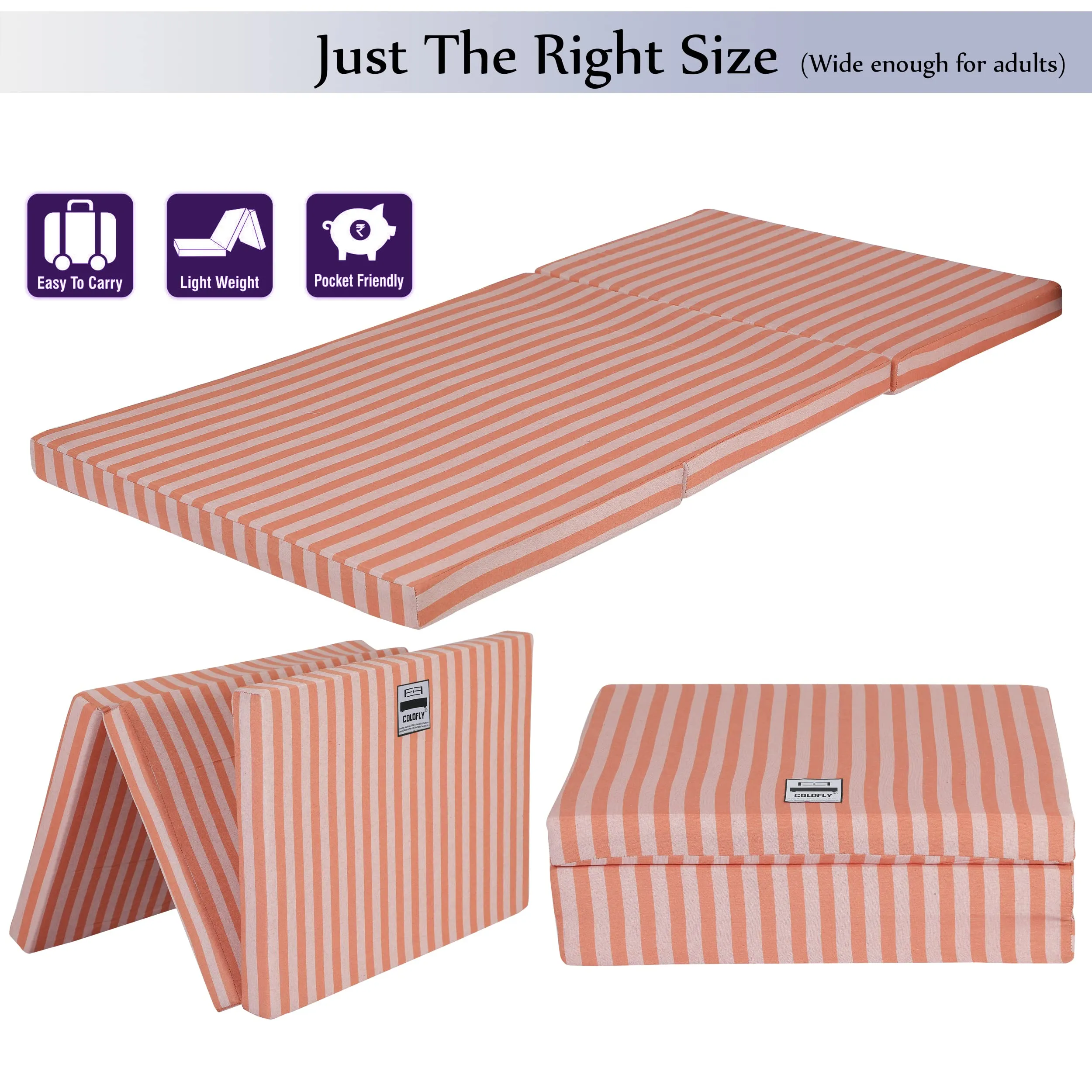 COLOFLY 3 Inch UHD Foam Three Fold Single Bed Reversible Orange Mattress (72 x 35 x 3) || Foldable Lightweight Gadda for Travel Picnic