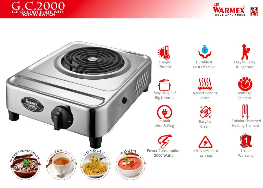 Electric Hot Plate G.C. 2000 With Rotary Switch Electric Cooking Heater By Warmex