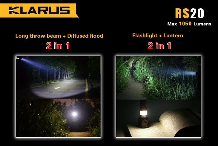 Klarus RS20 1 x 18650 / 2 x (R)CR123A CREE XM-L2 U2 1050 Lumen LED Flashlight