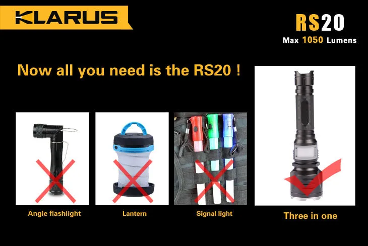 Klarus RS20 1 x 18650 / 2 x (R)CR123A CREE XM-L2 U2 1050 Lumen LED Flashlight