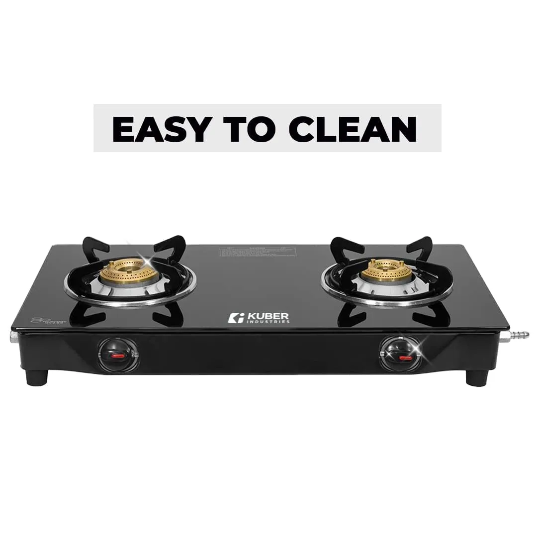 Kuber Industries Gas Stove 2 Burners | Highly Quality Glass Top, Manual Ignition & Cast Iron Burner | Easy to Clean, Wobble Free Pan Support Stand | Break Resistant | Compact & User-Friendly Design