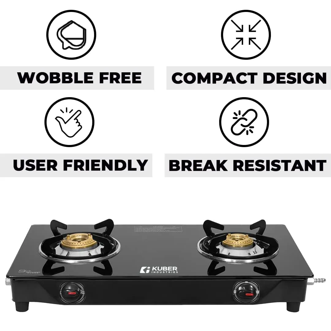 Kuber Industries Gas Stove 2 Burners | Highly Quality Glass Top, Manual Ignition & Cast Iron Burner | Easy to Clean, Wobble Free Pan Support Stand | Break Resistant | Compact & User-Friendly Design