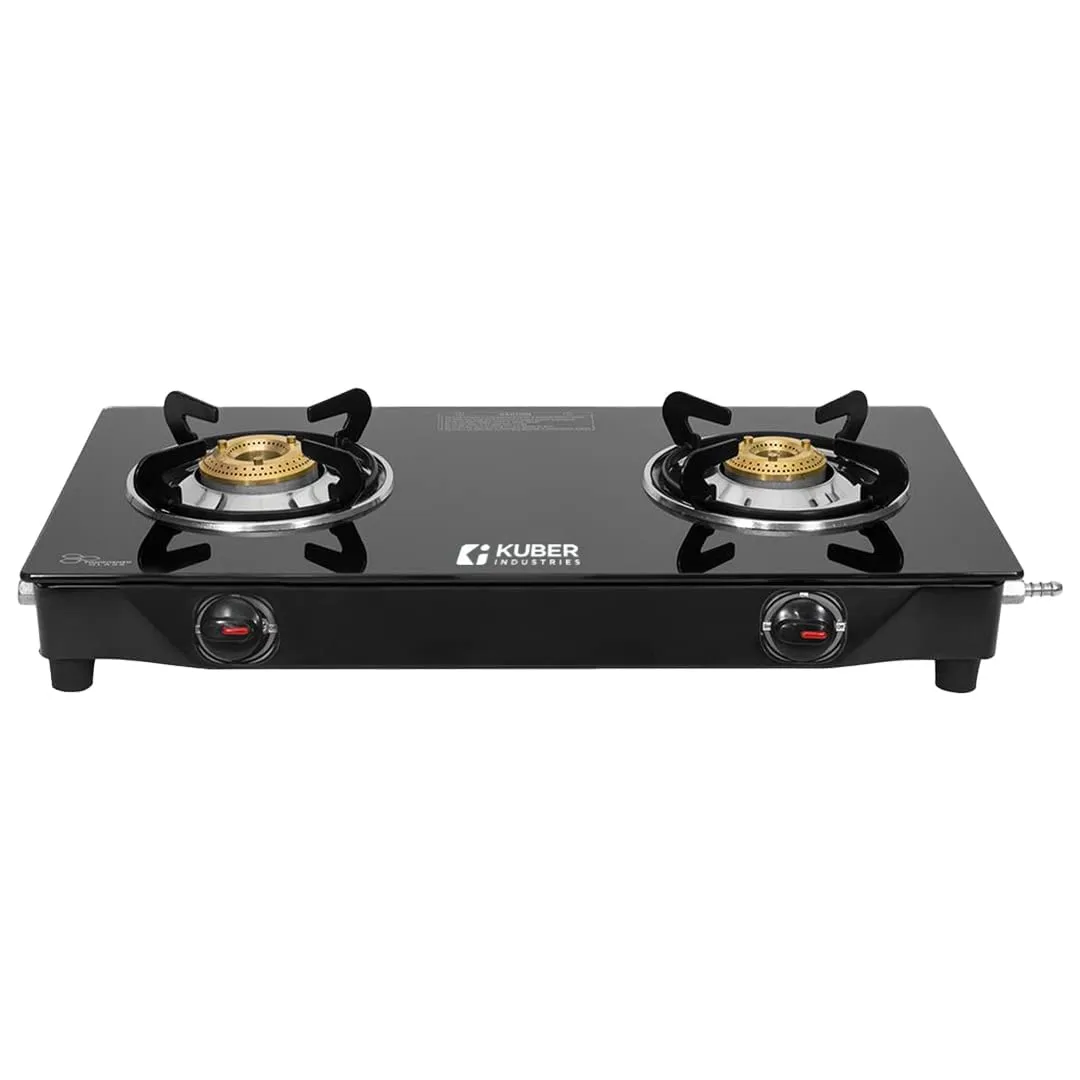 Kuber Industries Gas Stove 2 Burners | Highly Quality Glass Top, Manual Ignition & Cast Iron Burner | Easy to Clean, Wobble Free Pan Support Stand | Break Resistant | Compact & User-Friendly Design