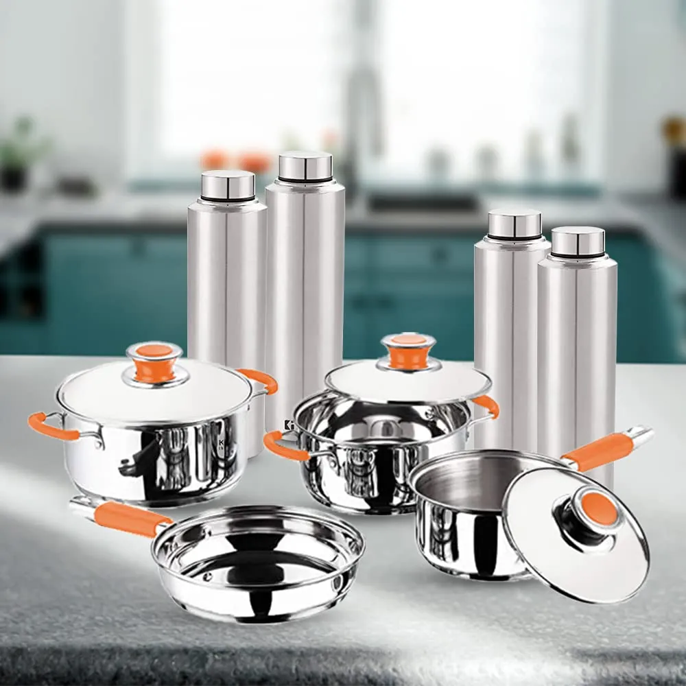 Kuber Industries Stainless Steel 4pcs Cookware Set and 4pcs Water Bottle | Gas Stove and Induction Friendly | Rust Proof, Easy to Clean & Store