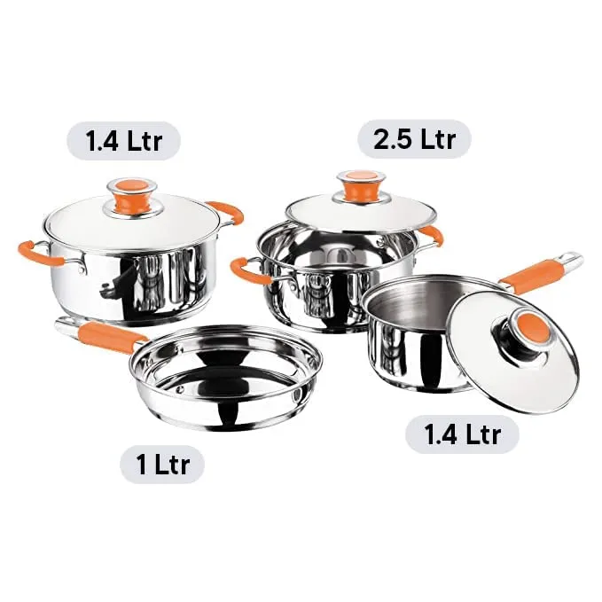 Kuber Industries Stainless Steel 4pcs Cookware Set and 4pcs Water Bottle | Gas Stove and Induction Friendly | Rust Proof, Easy to Clean & Store