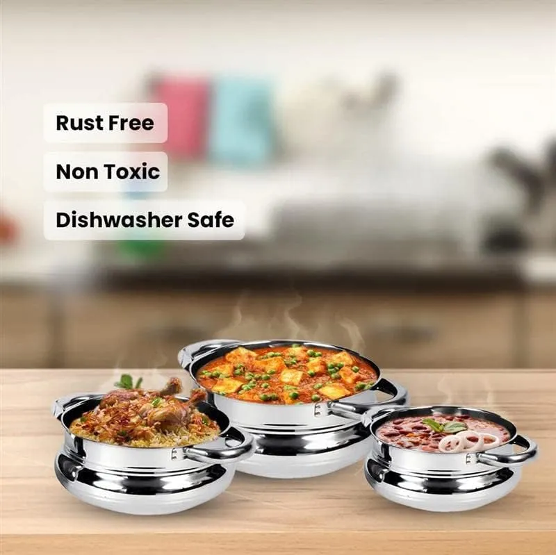 Kuber Industries Stainless Steel Handi Casserole Set of 3 with Lid|Cook and Serve|600 ml, 1 Litre, 1.6 Litre Capacity|Biryani Handi, Saucepan, Silver|Patila/Tope for Kitchen Combo of 3 (Pack Of 3)