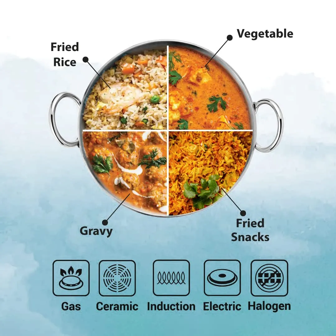 Kuber Industries Stainless Steel Kadhai with lid & Casserole I Tri-ply Kadai Induction Base I Kadai 2.2 litres & Casserole 2 Litre Capacity I Extra Deep I Riveted Handles