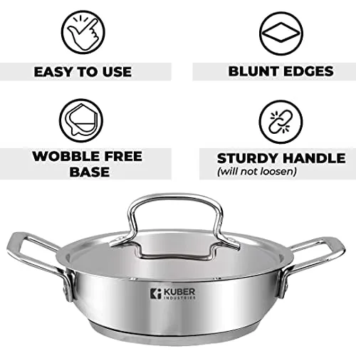 Kuber Industries Stainless Steel Kadhai with lid & Casserole I Tri-ply Kadai Induction Base I Kadai 2.2 litres & Casserole 2 Litre Capacity I Extra Deep I Riveted Handles