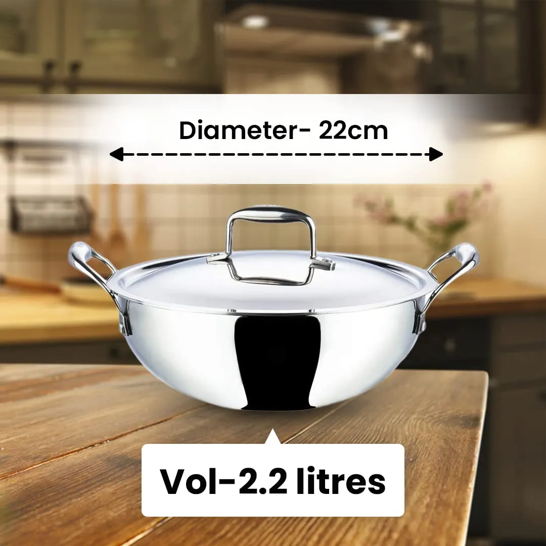 Kuber Industries Stainless Steel Kadhai with lid & Casserole I Tri-ply Kadai Induction Base I Kadai 2.2 litres & Casserole 2 Litre Capacity I Extra Deep I Riveted Handles