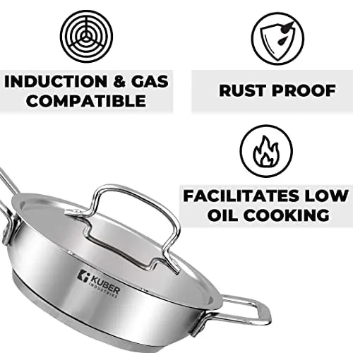 Kuber Industries Stainless Steel Kadhai with lid & Casserole I Tri-ply Kadai Induction Base I Kadai 2.2 litres & Casserole 2 Litre Capacity I Extra Deep I Riveted Handles