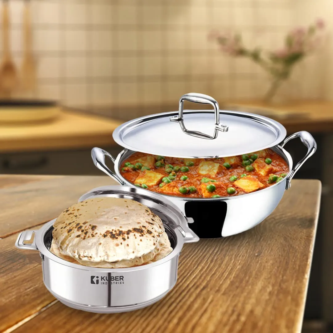 Kuber Industries Stainless Steel Kadhai with lid & Casserole I Tri-ply Kadai Induction Base I Kadai 2.2 litres & Casserole 2 Litre Capacity I Extra Deep I Riveted Handles