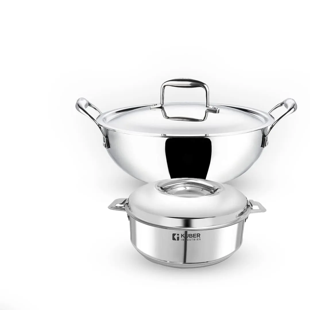 Kuber Industries Stainless Steel Kadhai with lid & Casserole I Tri-ply Kadai Induction Base I Kadai 2.2 litres & Casserole 2 Litre Capacity I Extra Deep I Riveted Handles