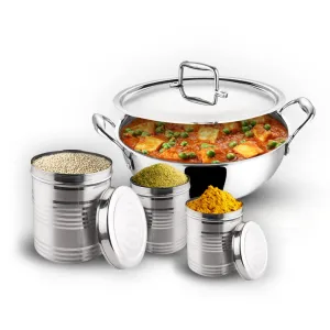 Kuber Industries Stainless Steel Kadhai with lid & Set of 3 Stainless Steel Kitchen Containers Set I Tri-ply Kadai Induction Base I Kadai 2.2 litres & 3 Assorted Storage Canisters