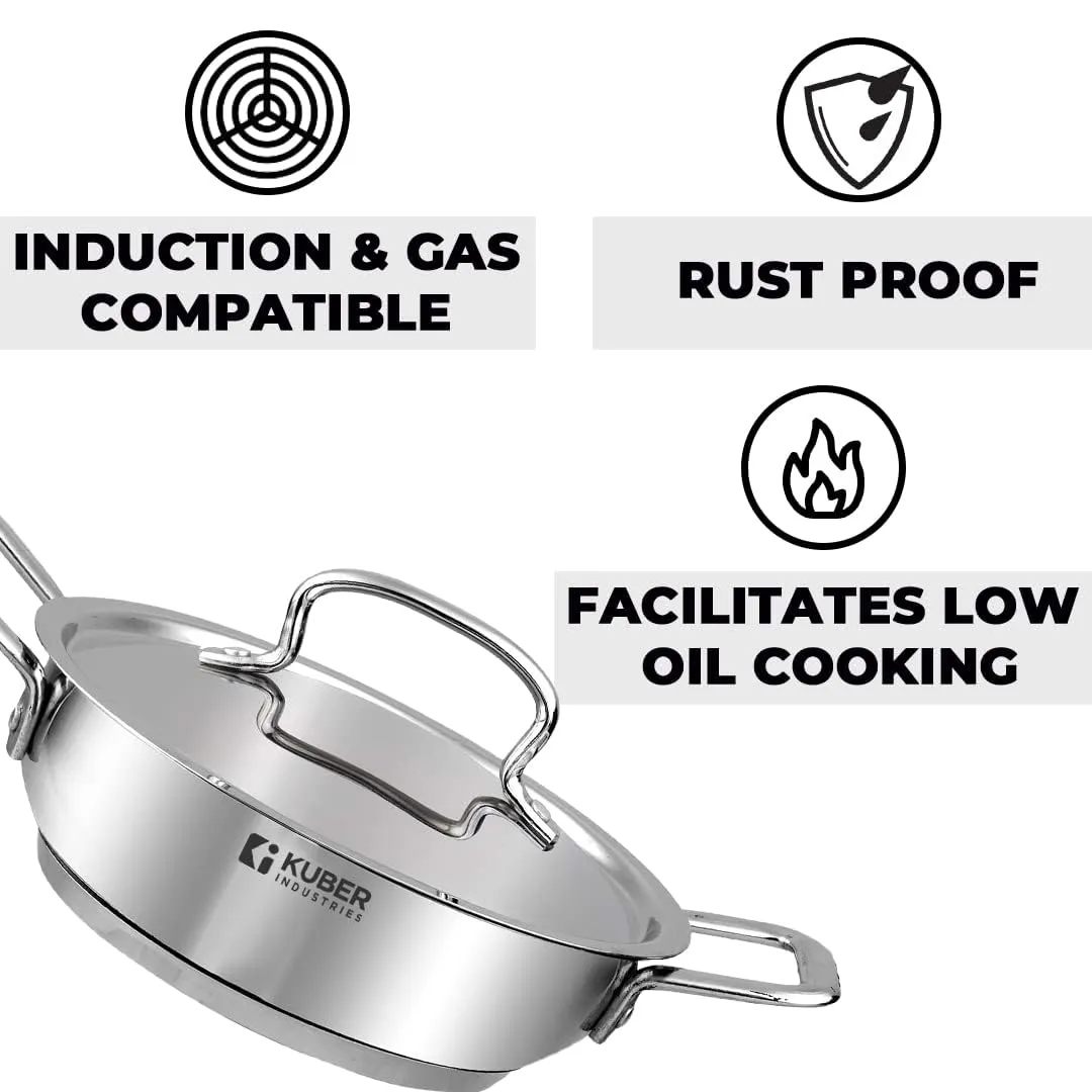 Kuber Industries Tri-ply Stainless Steel Kadhai with lid I Induction Base I 2 litres Capacity I 20cm Diameter I Extra Deep Frying Pan I Riveted Handles (Pack of 4)