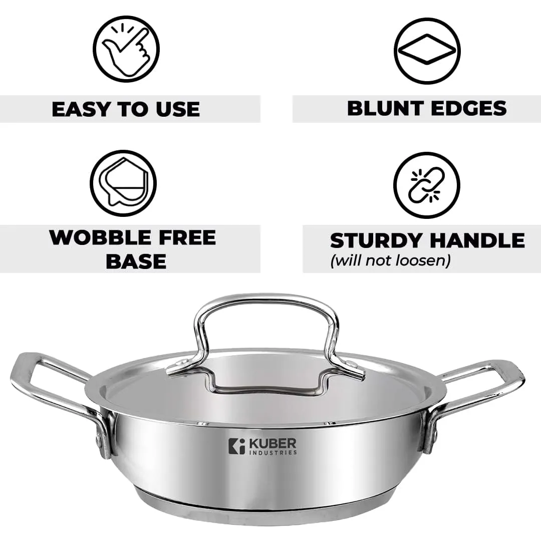 Kuber Industries Tri-ply Stainless Steel Kadhai with lid I Induction Base I 2 litres Capacity I 20cm Diameter I Extra Deep Frying Pan I Riveted Handles (Pack of 4)