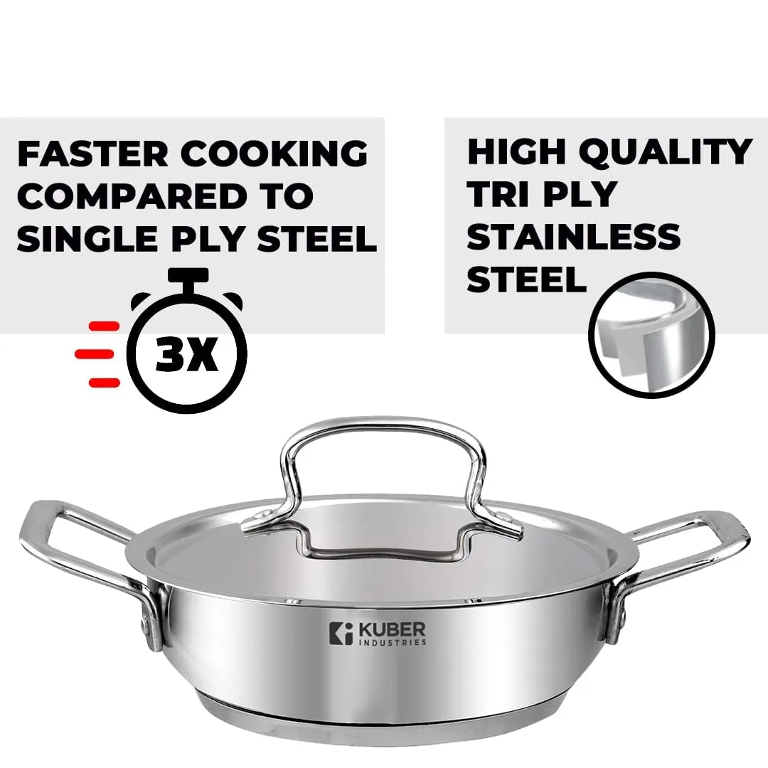 Kuber Industries Tri-ply Stainless Steel Kadhai with lid I Induction Base I 2 litres Capacity I 20cm Diameter I Extra Deep Frying Pan I Riveted Handles (Pack of 4)