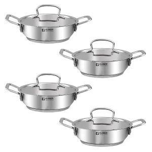 Kuber Industries Tri-ply Stainless Steel Kadhai with lid I Induction Base I 2 litres Capacity I 20cm Diameter I Extra Deep Frying Pan I Riveted Handles (Pack of 4)