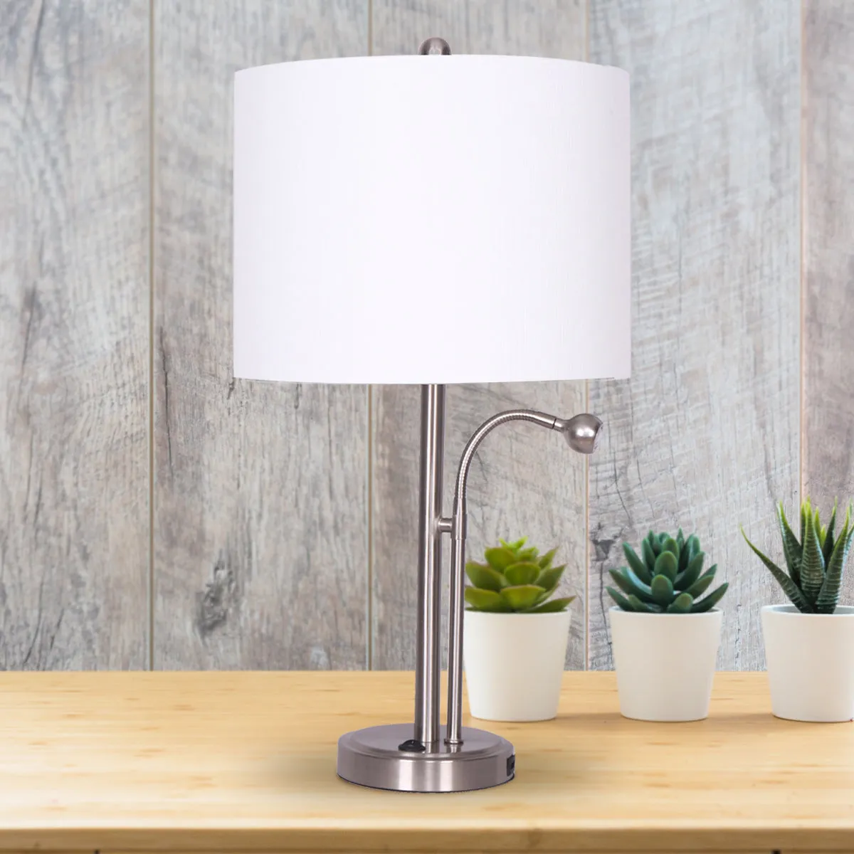 Modern Brushed Steel 2-in-1 Table Lamp w/ LED Light