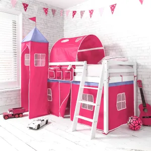 Moro Cabin Bed Midsleeper with Cotton Pink Tent, Tower & Tunnel in Classic White