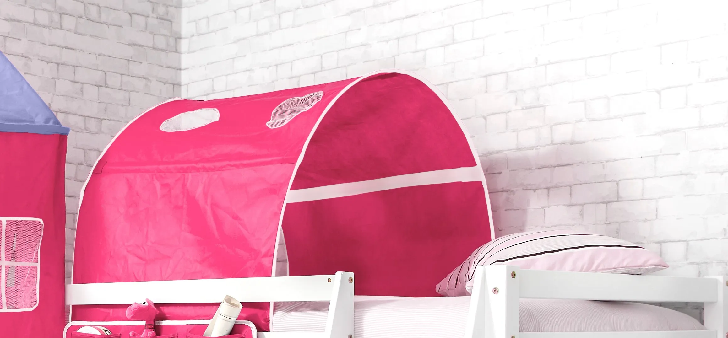 Moro Cabin Bed Midsleeper with Cotton Pink Tent, Tower & Tunnel in Classic White