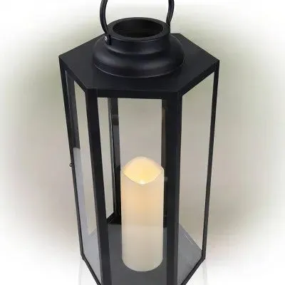 Open Box - 18" Hexagonal Candlelit Iron Lantern with LED Lights Black/Warm White - Alpine Corporation