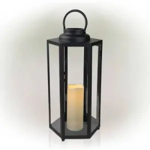 Open Box - 18" Hexagonal Candlelit Iron Lantern with LED Lights Black/Warm White - Alpine Corporation