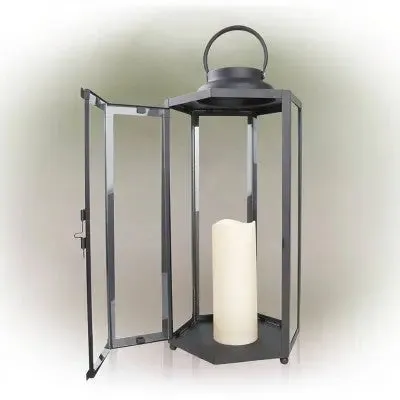 Open Box - 18" Hexagonal Candlelit Iron Lantern with LED Lights Black/Warm White - Alpine Corporation