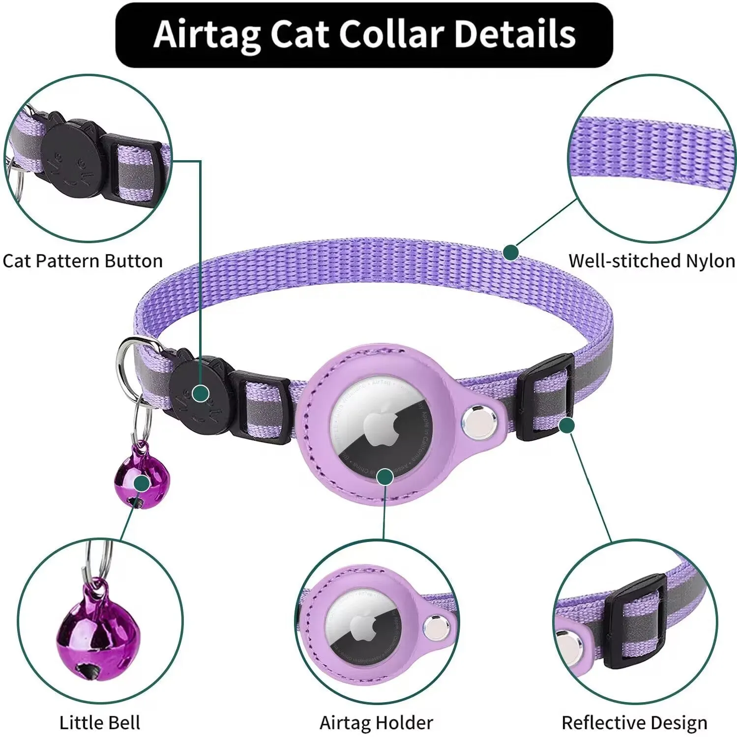 Pet Reflective Collar Adjustable Leash with Small Bell Cat Button Pattern Safety Nylon Pet Dog Collar for Airtag Tracker(excluding locator)