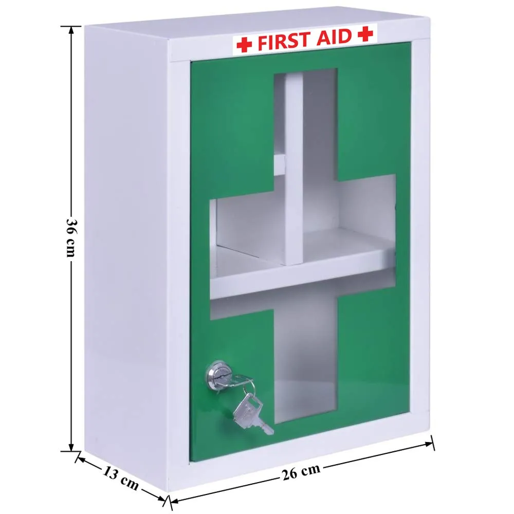 Plantex platinum (metal) big size multi compartments first aid box for home/medicine box/emergency medical box/first aid kit box/school-office use with key lock - (green & white) wall mount