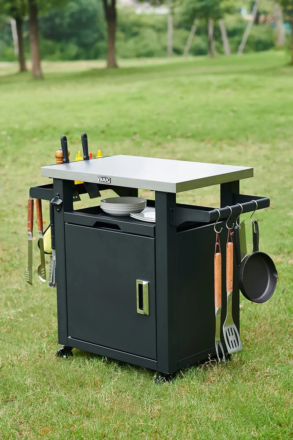 Rolling Prep Station, 20" x 30" Stainless Steel Kitchen Storage Island with Enclosed Cabinet and Storage Drawer