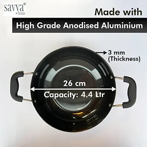 SAVYA HOME® 1 Savya- 3mm HA Deep Kadai with (26cm)-4.4 LTR& Tope (20cm)-2.0ltr |Stove & Induction Cookware | Heat Surround Cooking | Riveted Handles