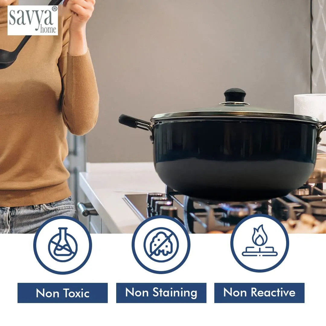 SAVYA HOME Hard Anodised Aluminium Kadai with Lid for Cooking | 20 cm Diameter | Gas & Induction Cookware | Black