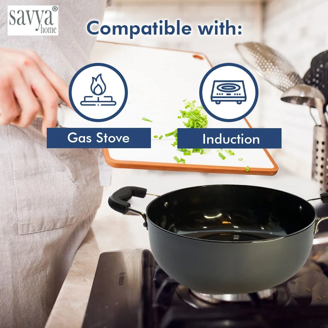 SAVYA HOME Hard Anodised Aluminium Kadai with Lid for Cooking | 20 cm Diameter | Gas & Induction Cookware | Black