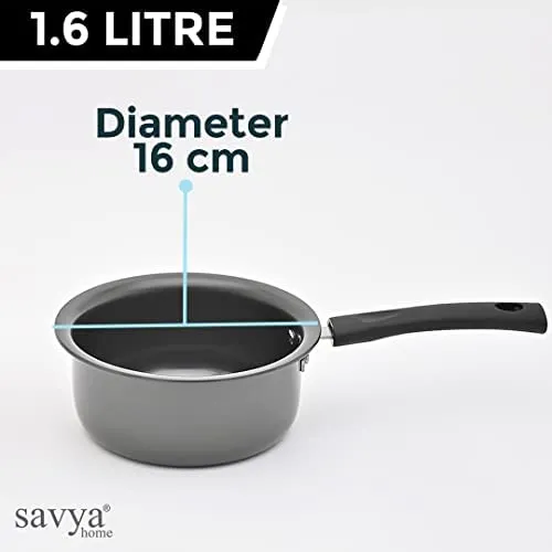 SAVYA HOME® Hard Anodised Tope (16 cm) - 1 L & Hard Anodised Saucepan with lid (16 cm) - 1 L Combo | Set of 2 |Heat Surround Cooking | Gas & Induction Cookware | Black