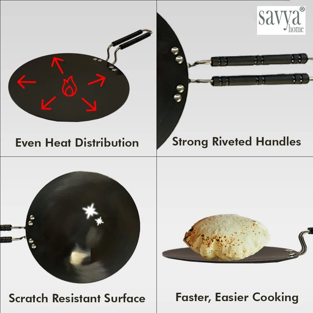 SAVYA HOME Hard Anodized Roti Tawa with Handle | 25 cm Diameter | High Grade Aluminium | Scratch Resistant Surface | Riveted Handles | Roti & Dosa Tawa | Black Color (Large)