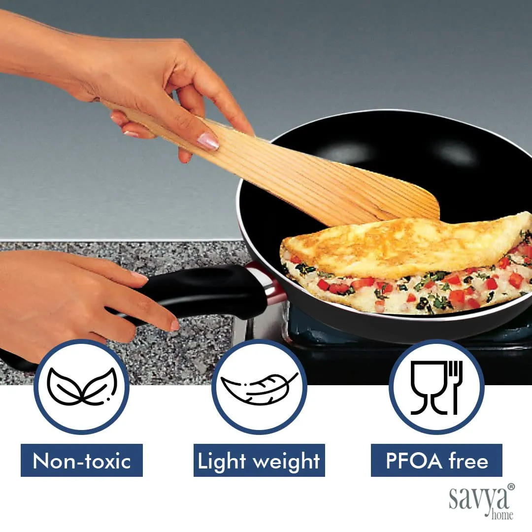 SAVYA HOME Non Stick Frying Pan | 22 cm | Stove & Induction Cookware | Minimal Oil Cooking | Easy Grip Handle | 3 Layer Non Stick Coating | Non-Toxic & Lightweight | 2 Year Warranty| Black Colour