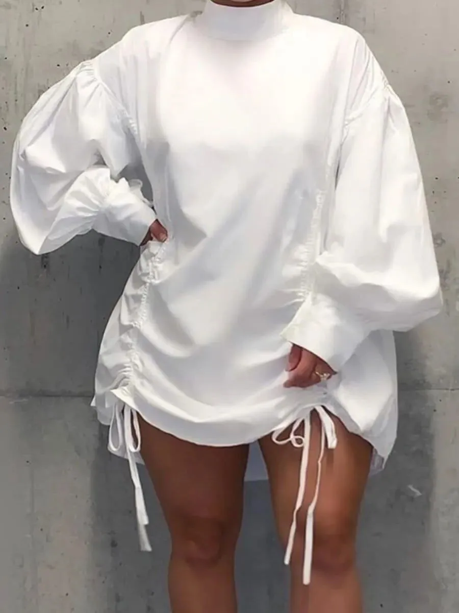 Stunning Fold Design Lantern Sleeves Mini Shirt Dresses