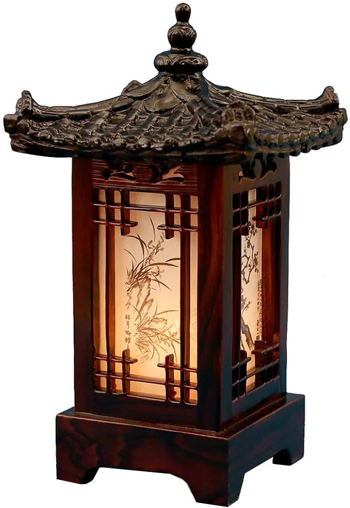 Stunning Four Seasons Carved Wood Chinoiserie Pagoda Table Lamp