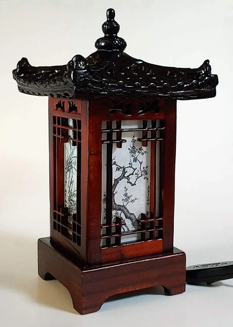 Stunning Four Seasons Carved Wood Chinoiserie Pagoda Table Lamp