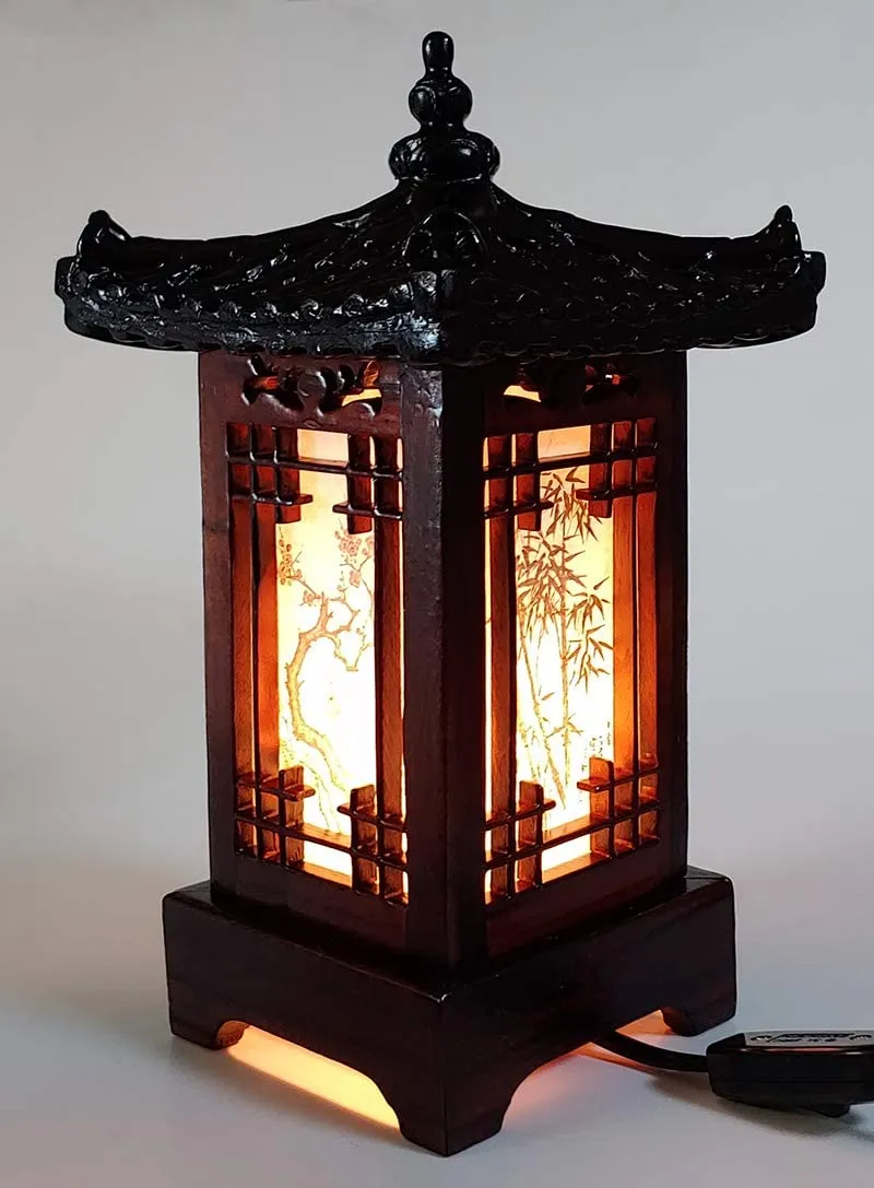 Stunning Four Seasons Carved Wood Chinoiserie Pagoda Table Lamp