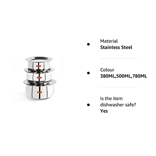 Sumeet Stainless Steel Belly Shape 3 Pc Tope/Cookware/Pot Set with Lid 380ML, 500ML, 780ML, (Silver)