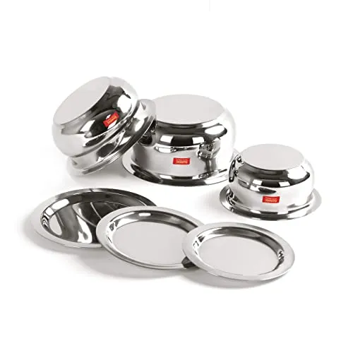 Sumeet Stainless Steel Belly Shape 3 Pc Tope/Cookware/Pot Set with Lid 380ML, 500ML, 780ML, (Silver)