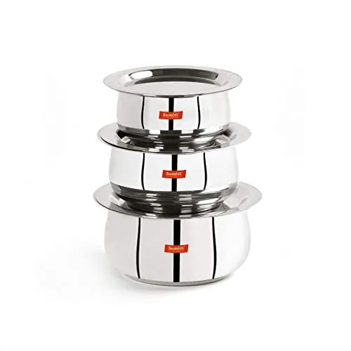 Sumeet Stainless Steel Belly Shape 3 Pc Tope/Cookware/Pot Set with Lid 380ML, 500ML, 780ML, (Silver)