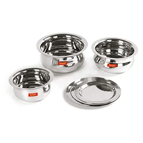 Sumeet Stainless Steel Belly Shape 3 Pc Tope/Cookware/Pot Set with Lid 380ML, 500ML, 780ML, (Silver)